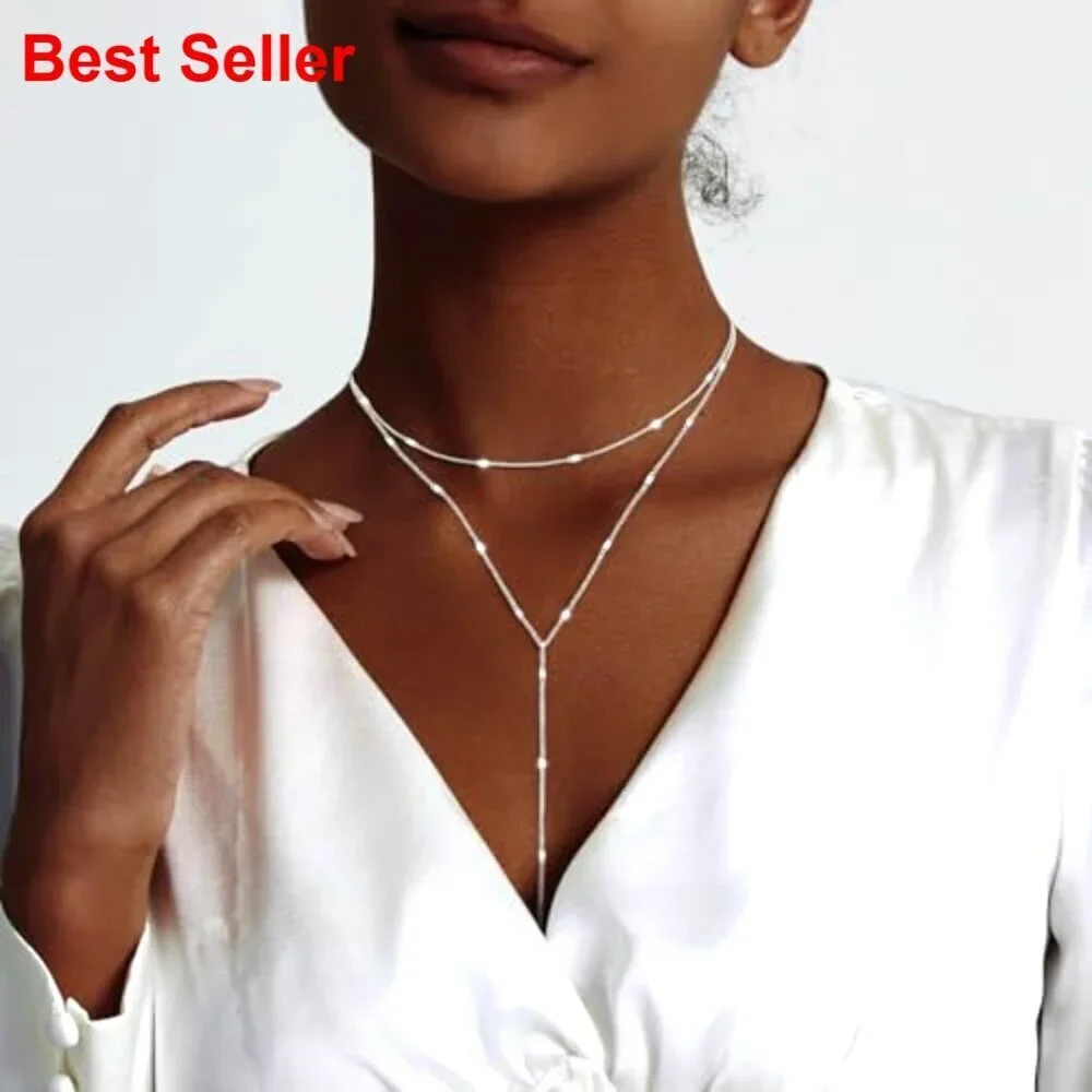 Silver-Layered Lariat Necklace with Y-Shaped Pendant, Adjustable Length